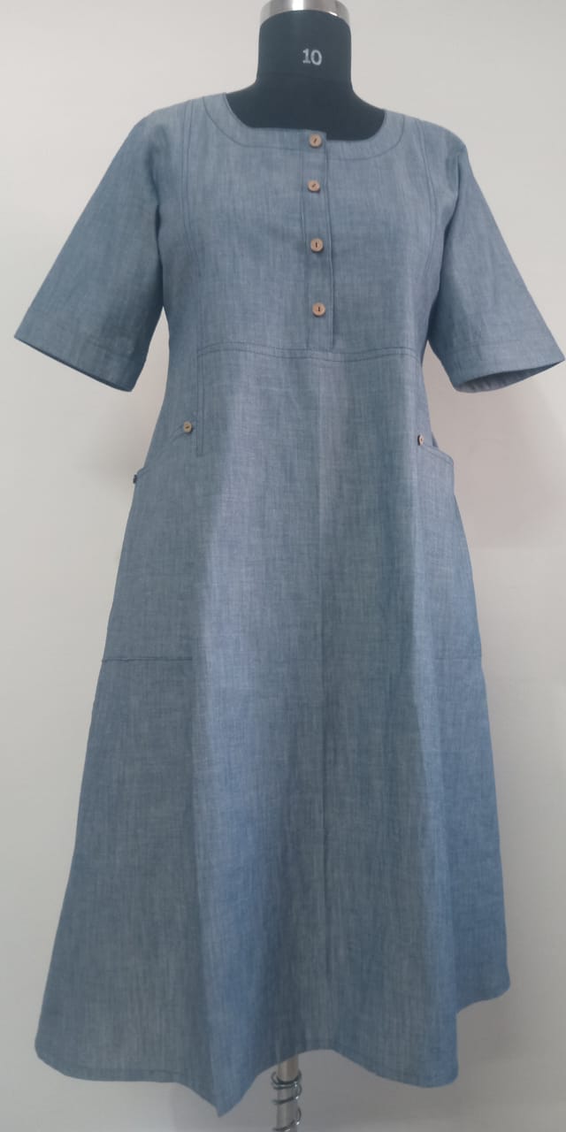 3  #MD005 -DENIM MAXI DRESS (BOX PLEAT) - COTLINO FASHION MUMBAI