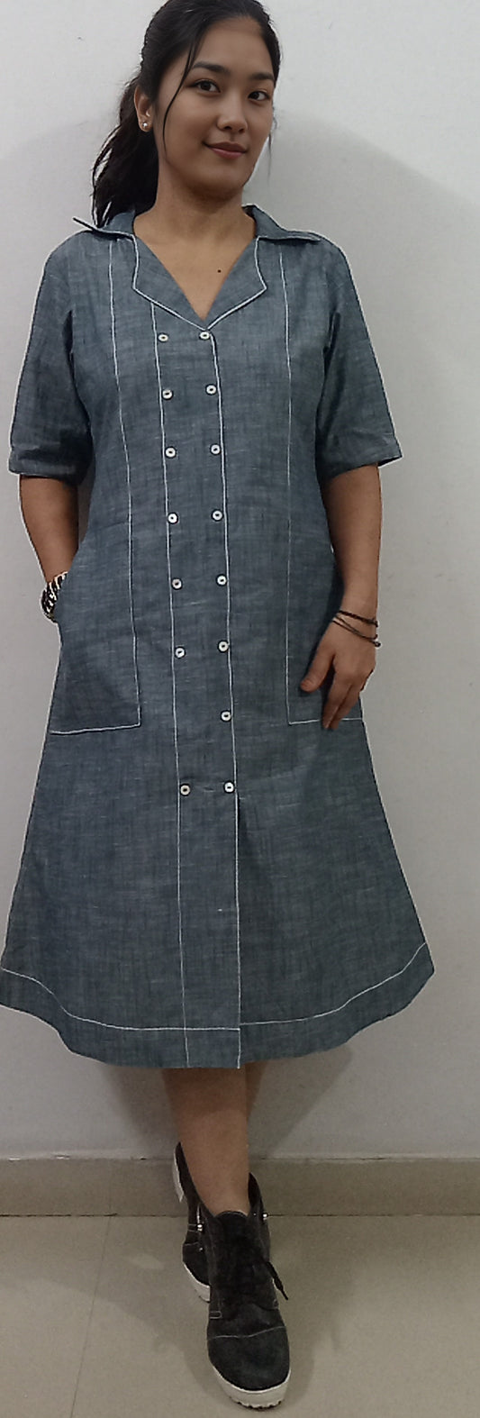 2b #MD0012 -SLUB DENIM MIDI DRESS - COTLINO FASHION MUMBAI