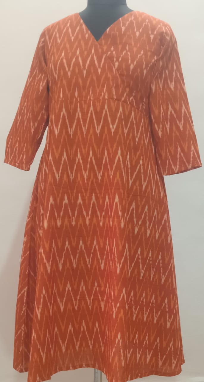 COTLINO FASHION  #MD001 -  IKAT MAXI DRESS   | Limited Edition| orange & ivory - COTLINO FASHION MUMBAI