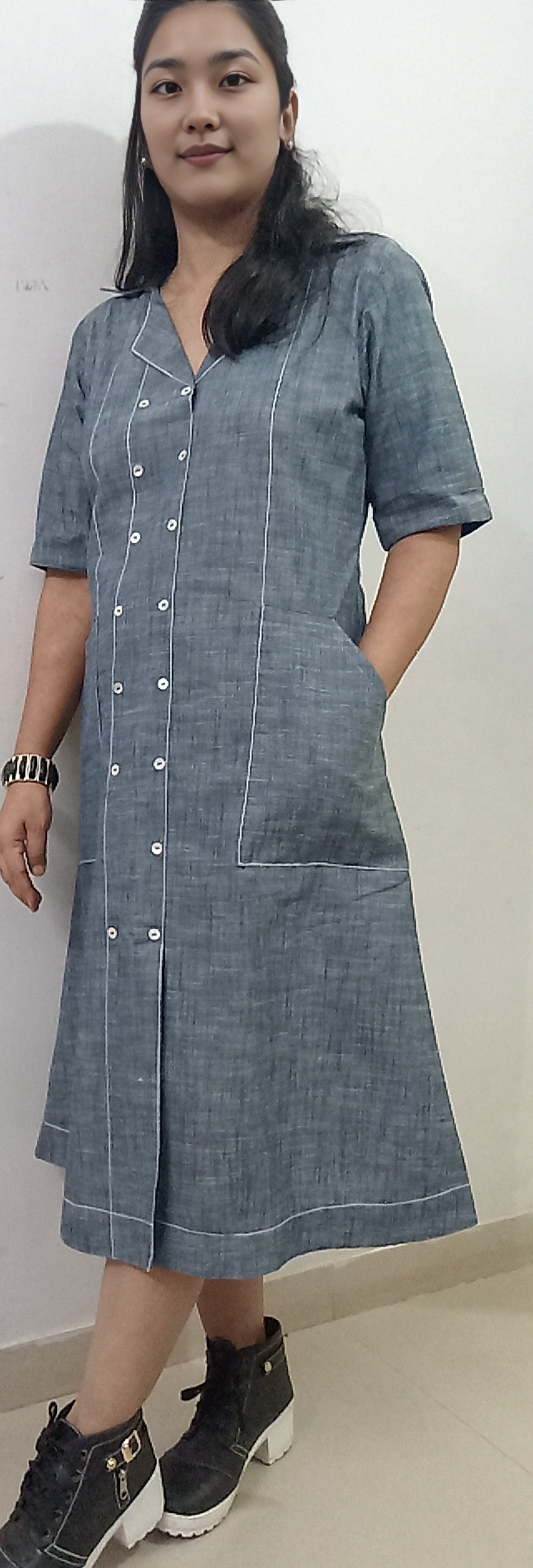 2b #MD0012 -SLUB DENIM MIDI DRESS - COTLINO FASHION MUMBAI