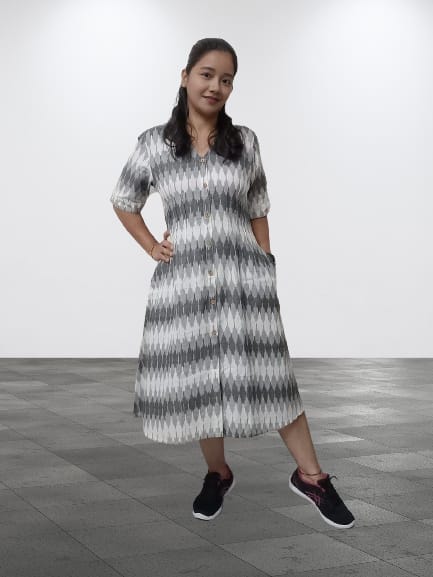 4b COTLINO FASHION  #MD001 -  IKAT MAXI DRESS   | Limited Edition| black & white - COTLINO FASHION MUMBAI