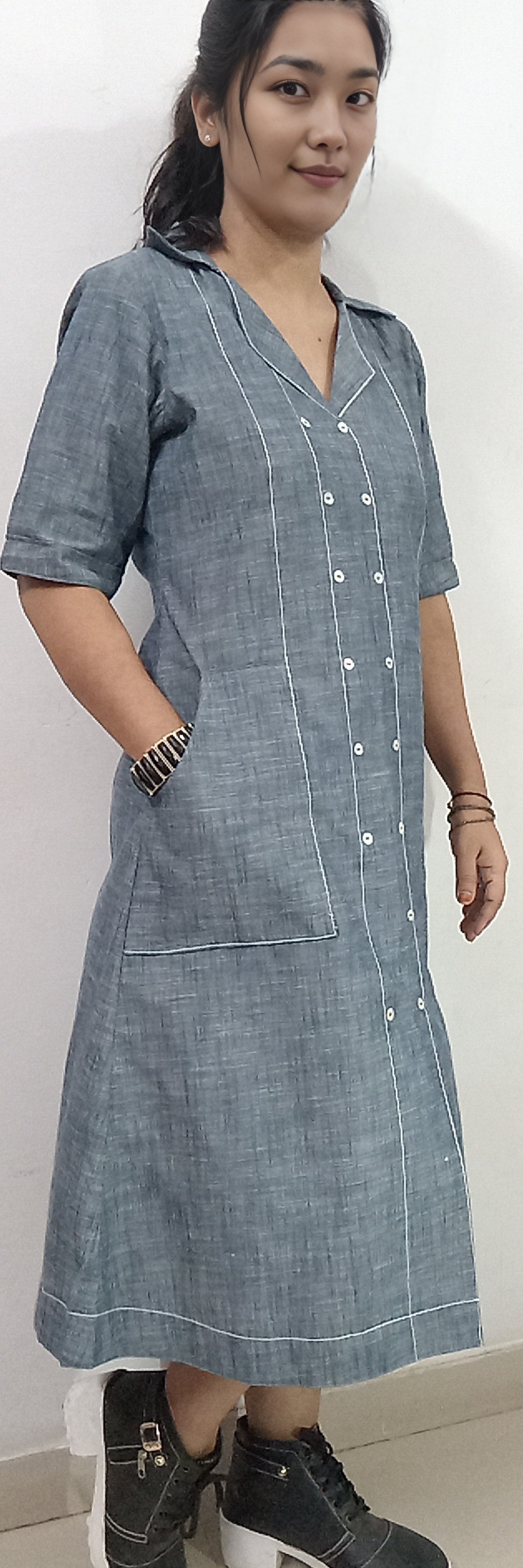 2b #MD0012 -SLUB DENIM MIDI DRESS - COTLINO FASHION MUMBAI