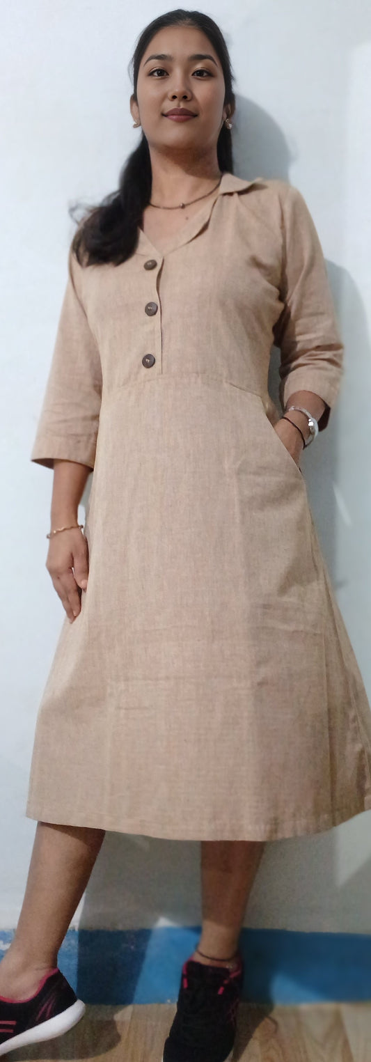 2  #MD008 -LINEN MIDI DRESS - BEIGE - COTLINO FASHION MUMBAI