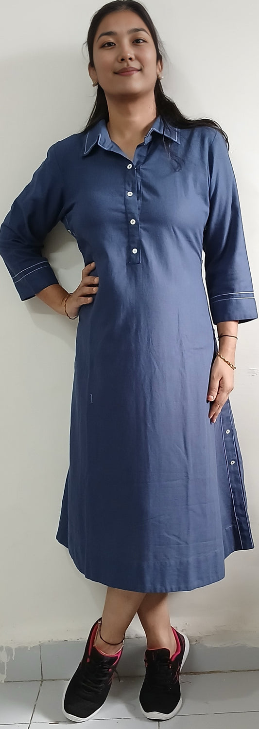 1  #MD008 -COTTON LINEN BLEND  MIDI DRESS WITH SIDE BUTTON DETAILING BLUE - COTLINO FASHION MUMBAI