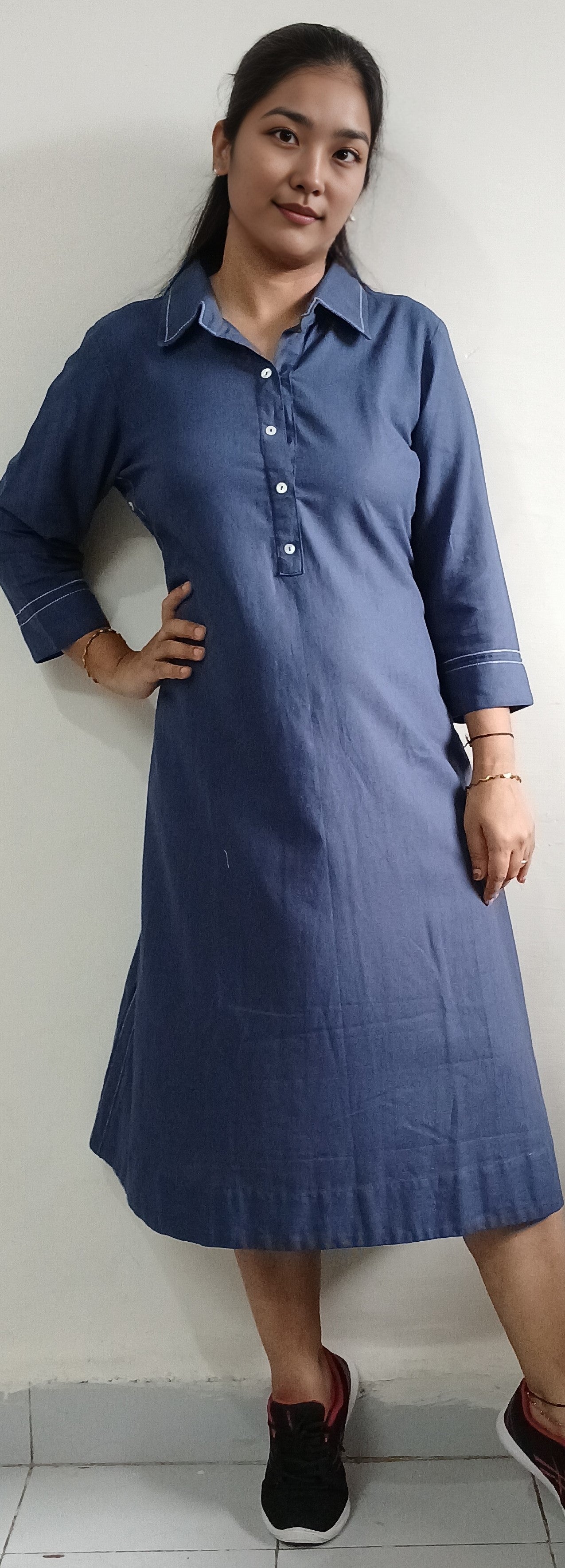 1  #MD008 -COTTON LINEN BLEND  MIDI DRESS WITH SIDE BUTTON DETAILING BLUE - COTLINO FASHION MUMBAI