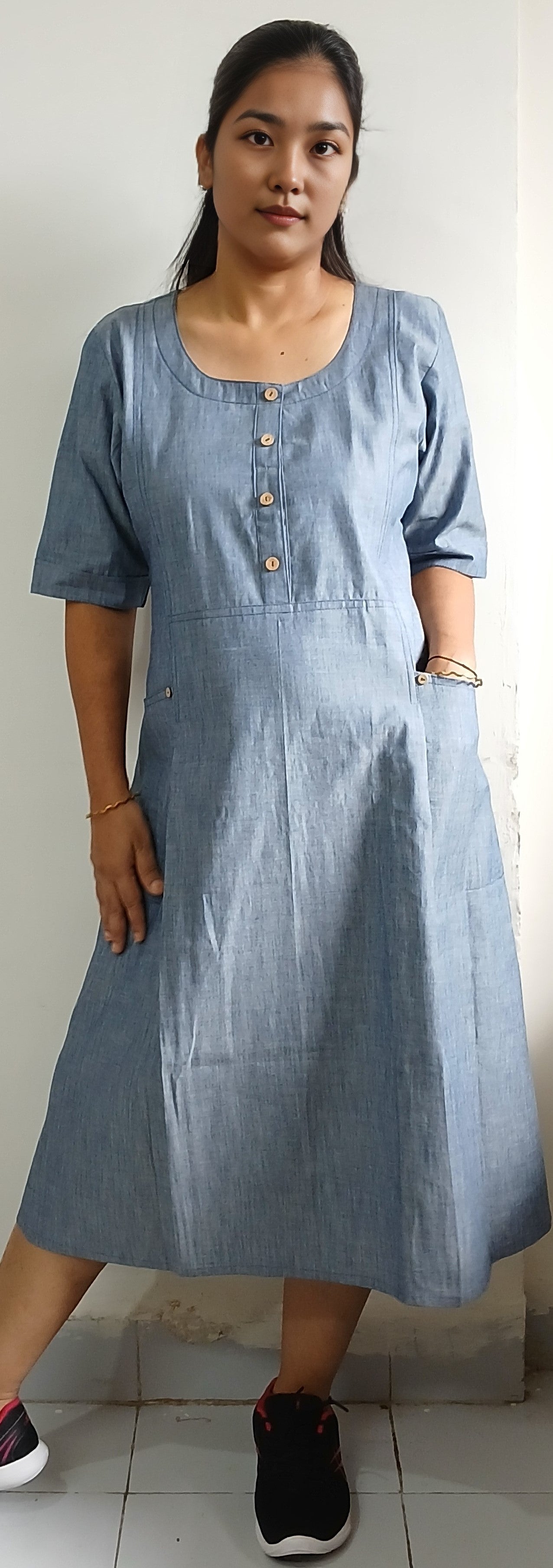 3  #MD005 -DENIM MAXI DRESS (BOX PLEAT) - COTLINO FASHION MUMBAI