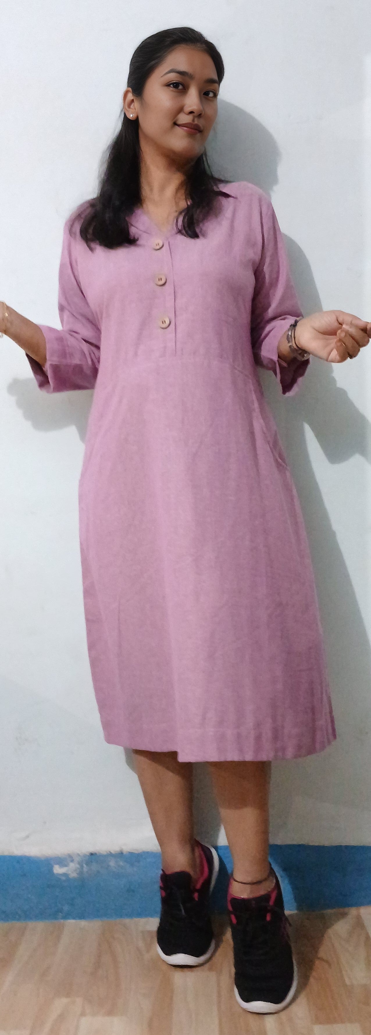 3b #MD011 -PINK COTTON MIDI DRESS - COTLINO FASHION MUMBAI