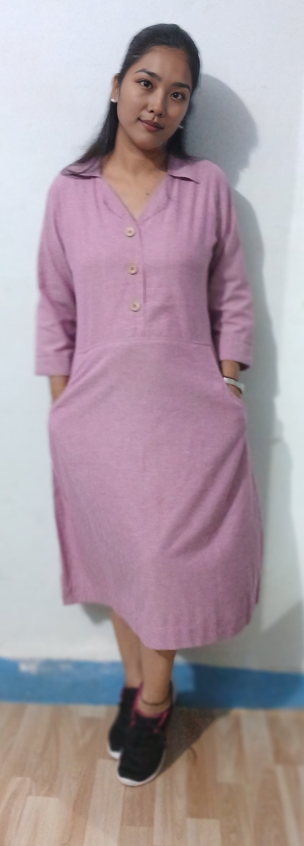 3b #MD011 -PINK COTTON MIDI DRESS - COTLINO FASHION MUMBAI