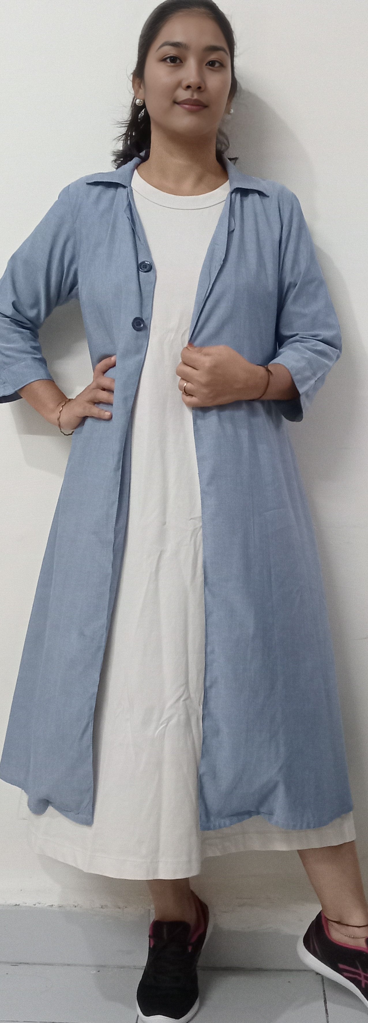 4c #MD006 -LIGHT BLUE COTTON LONG JACKET DRESS - COTLINO FASHION MUMBAI