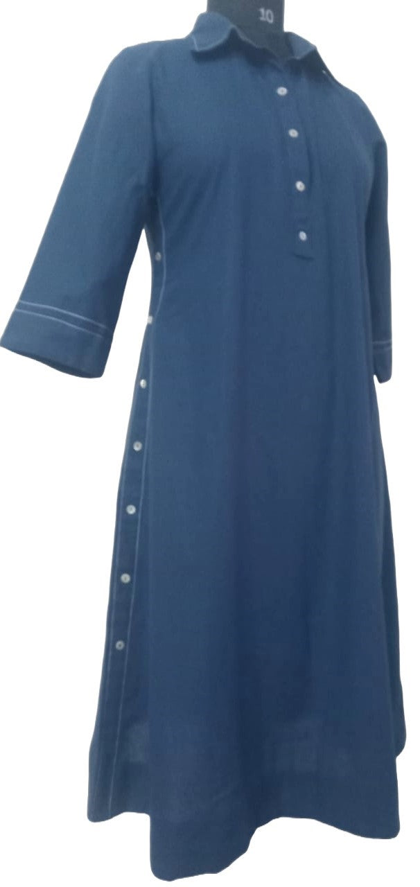 1  #MD008 -COTTON LINEN BLEND  MIDI DRESS WITH SIDE BUTTON DETAILING BLUE - COTLINO FASHION MUMBAI