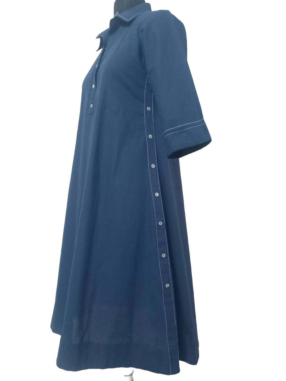 1  #MD008 -COTTON LINEN BLEND  MIDI DRESS WITH SIDE BUTTON DETAILING BLUE - COTLINO FASHION MUMBAI