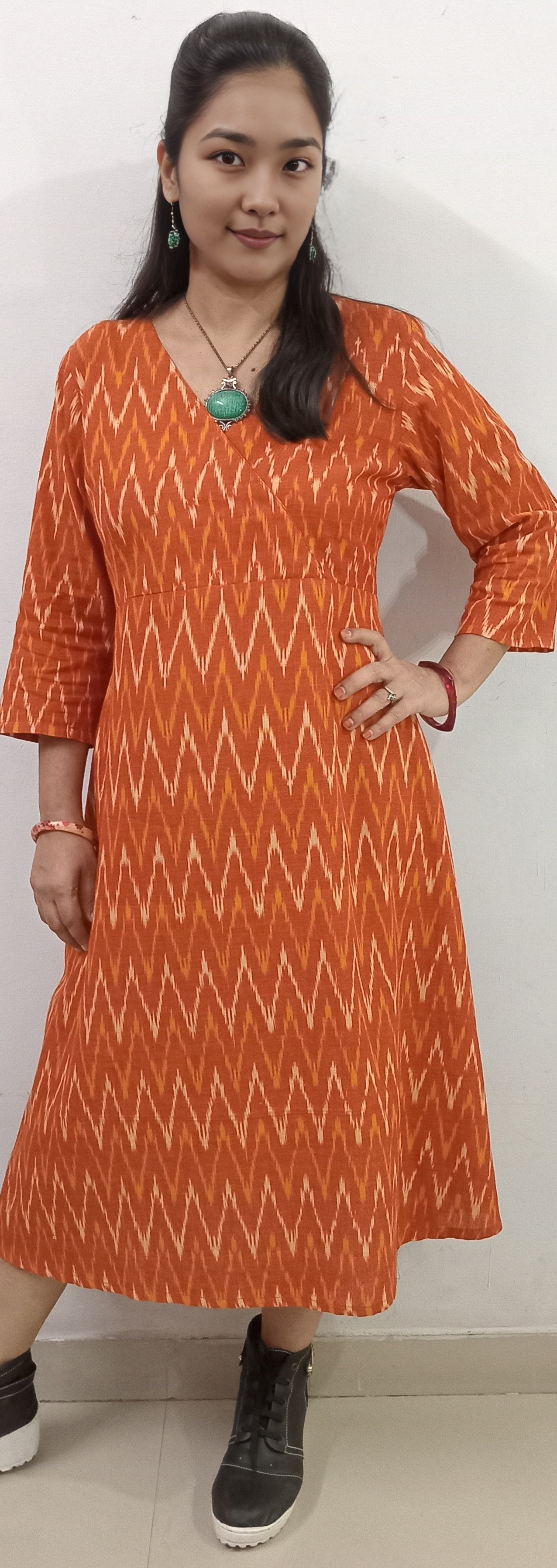 COTLINO FASHION  #MD001 -  IKAT MAXI DRESS   | Limited Edition| orange & ivory - COTLINO FASHION MUMBAI