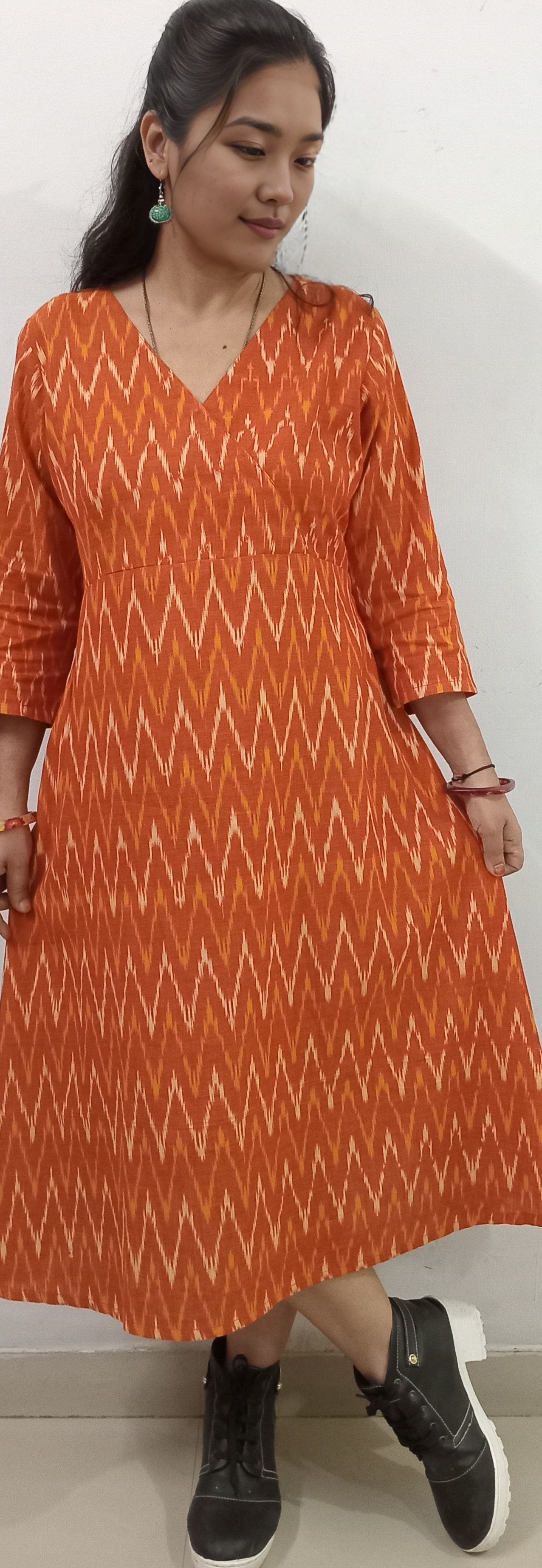 COTLINO FASHION  #MD001 -  IKAT MAXI DRESS   | Limited Edition| orange & ivory - COTLINO FASHION MUMBAI