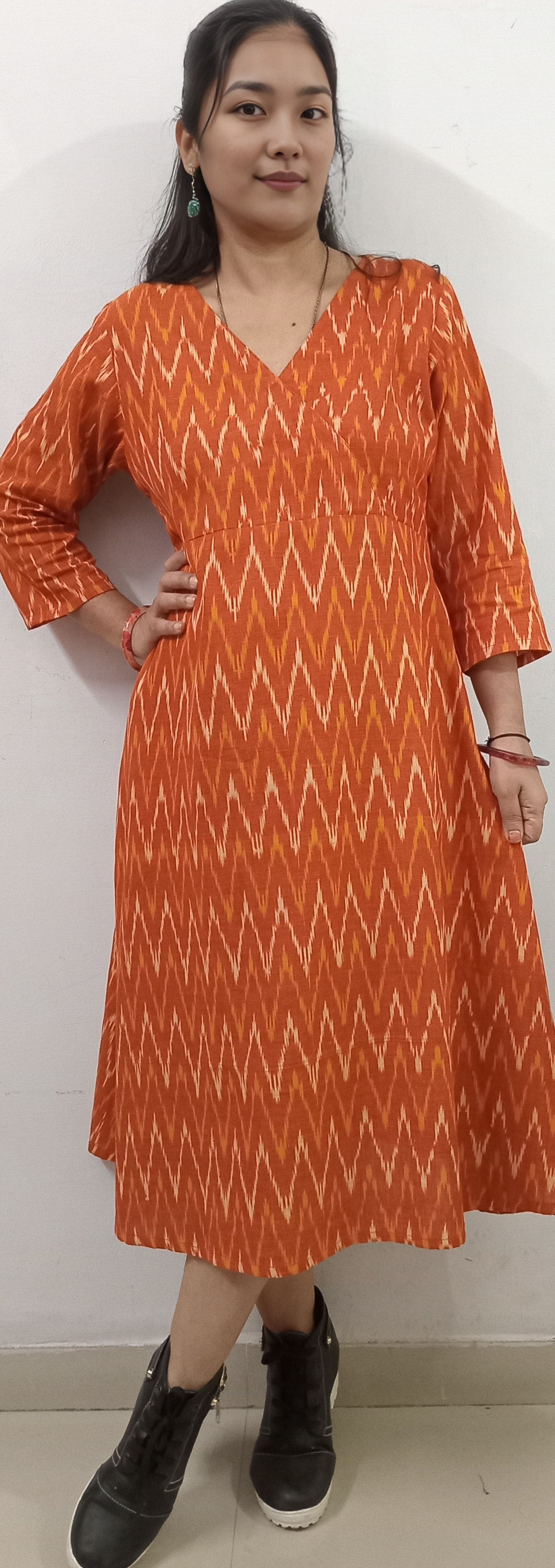 COTLINO FASHION  #MD001 -  IKAT MAXI DRESS   | Limited Edition| orange & ivory - COTLINO FASHION MUMBAI