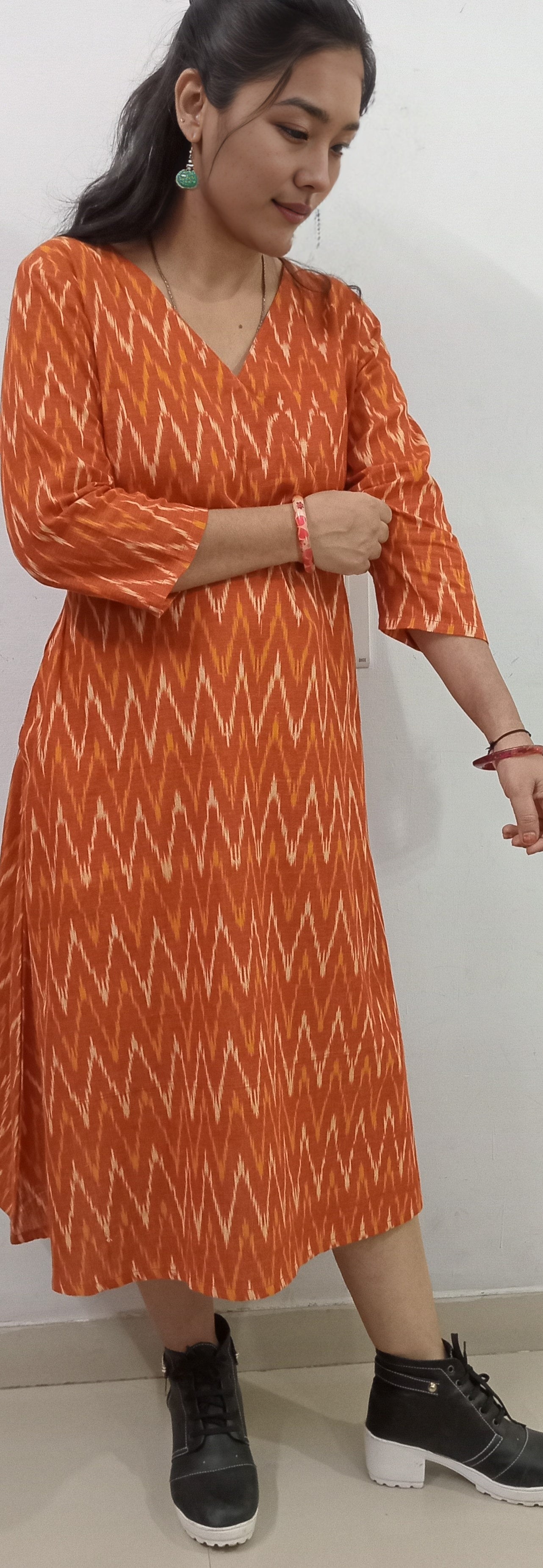 COTLINO FASHION  #MD001 -  IKAT MAXI DRESS   | Limited Edition| orange & ivory - COTLINO FASHION MUMBAI